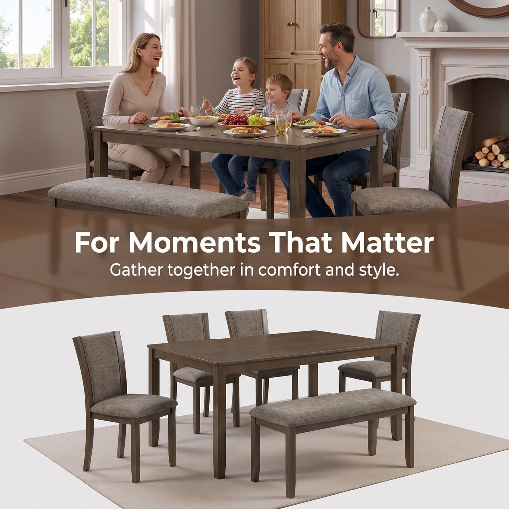 6 Piece Farmhouse Dining Table Set, Wooden Dinner Table Set for 6, 58.5" Rectangular Table, 4 Upholstered Linen