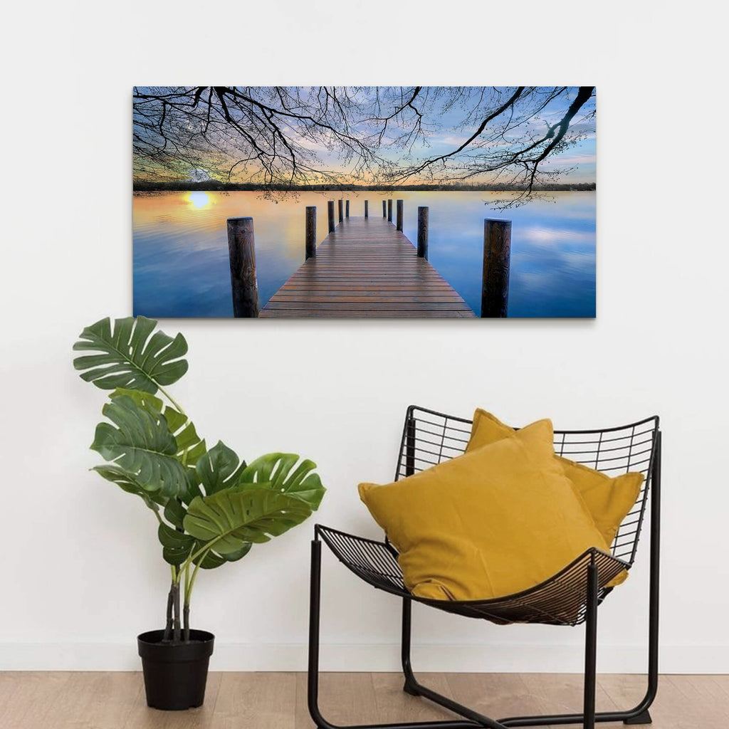 Lake Canvas Wall Art Picture - Landscape Artwork Nature Scene Dock Painting with Sunset Calm Pier Print Wall Living