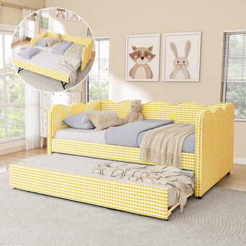 Twin Size Daybed with Pop Up Trundle, Linen Gingham Twin to King Daybed with USB Ports, Upholstered Day Bed Frame