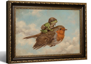 Whimsical Frog Riding Bird Framed Wall Art, Quirky Frog Print, 16x24in