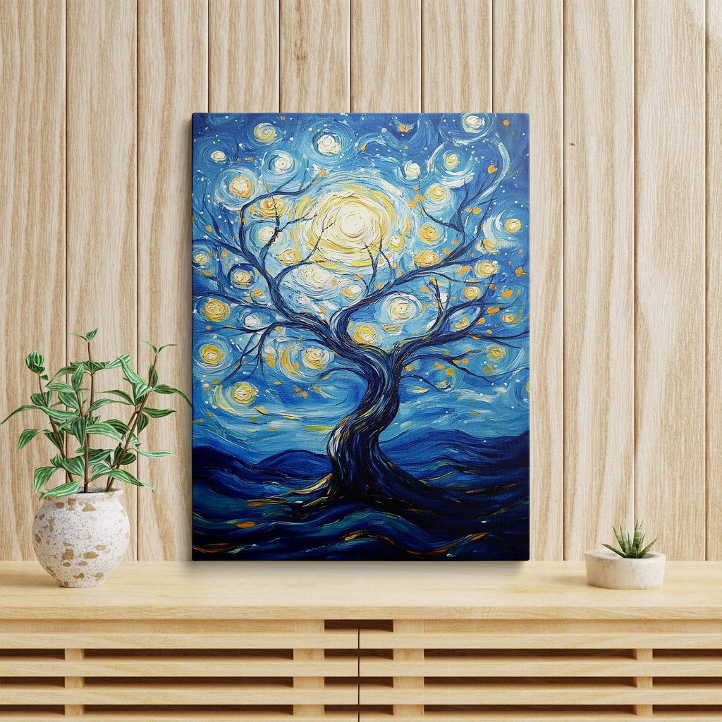 Framed Van Gogh Canvas Wall Art Set, Colorful Abstract Tree of Life & Starry Night Paintings, Boho Wall Decor, Blue