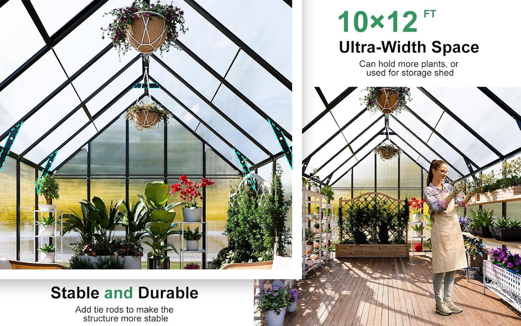 12.4x10.2x10 FT Greenhouse for Outdoors,Easy Assembly Large Polycarbonate Greenhouse Aluminum Heavy Duty Greenhouses