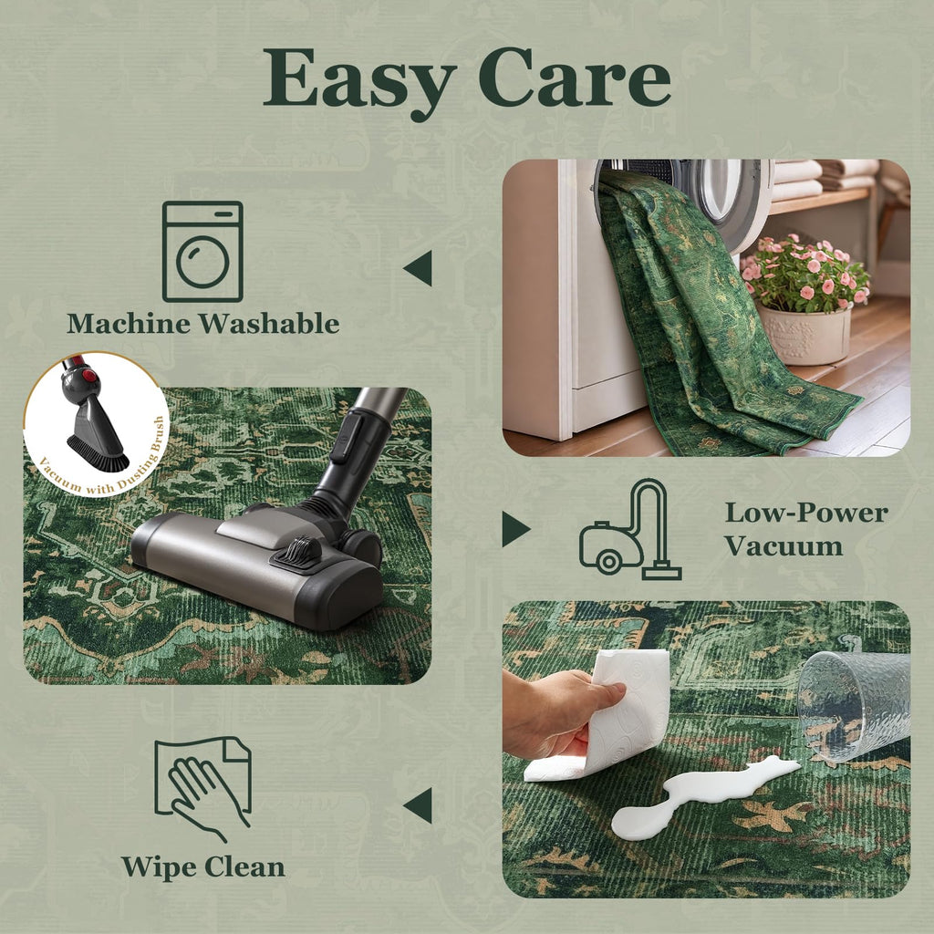 Retro Green 3x8 Rug Runners Non Slip, Distressed Medallion Carpet Runners 8ft, Low Pile Thin Runner Rug Non Slip