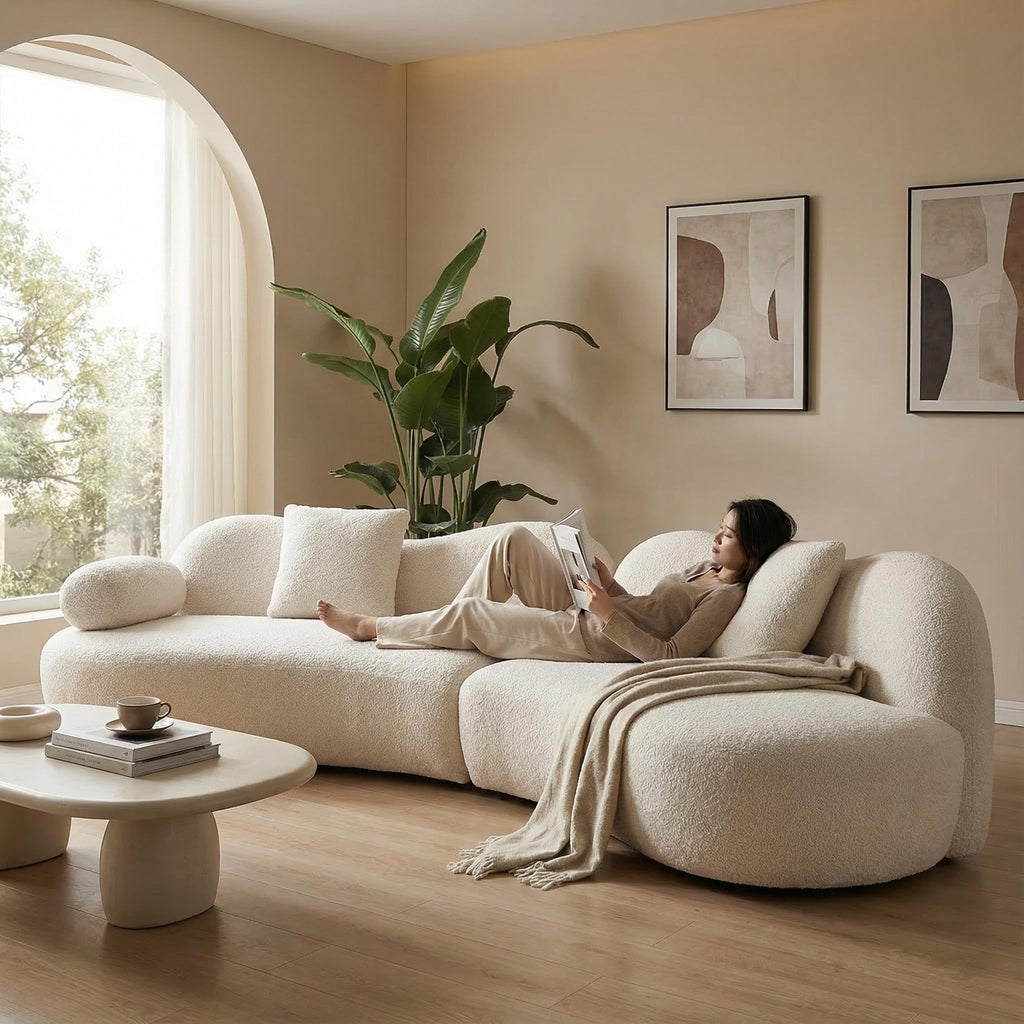 Curved Sectional, 5-Seater, Deep Seat, Pillows, Bouclé, Modern, White