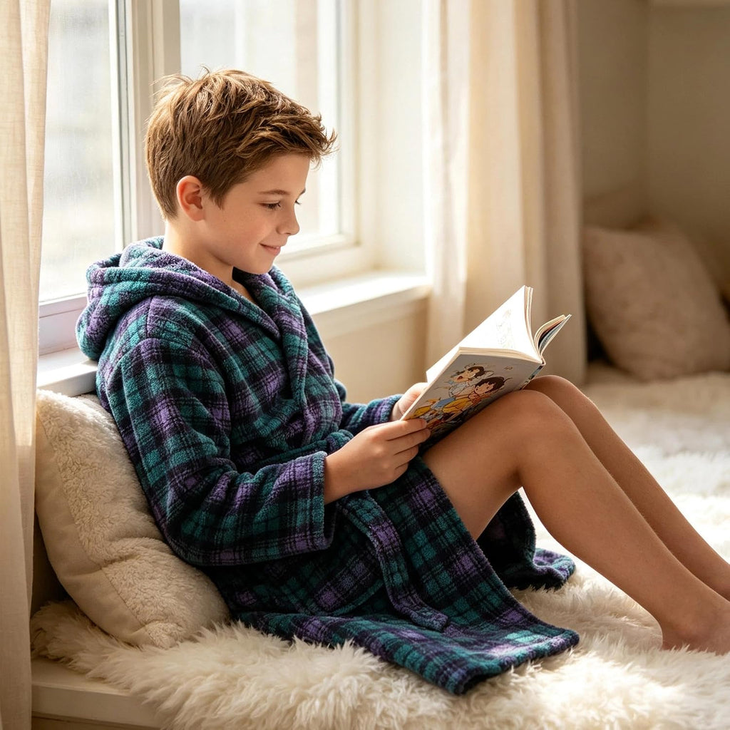 Boys Fleece Hooded Robe, Soft Print Bathrobe Kids 5-14(Green Plaid7-8)