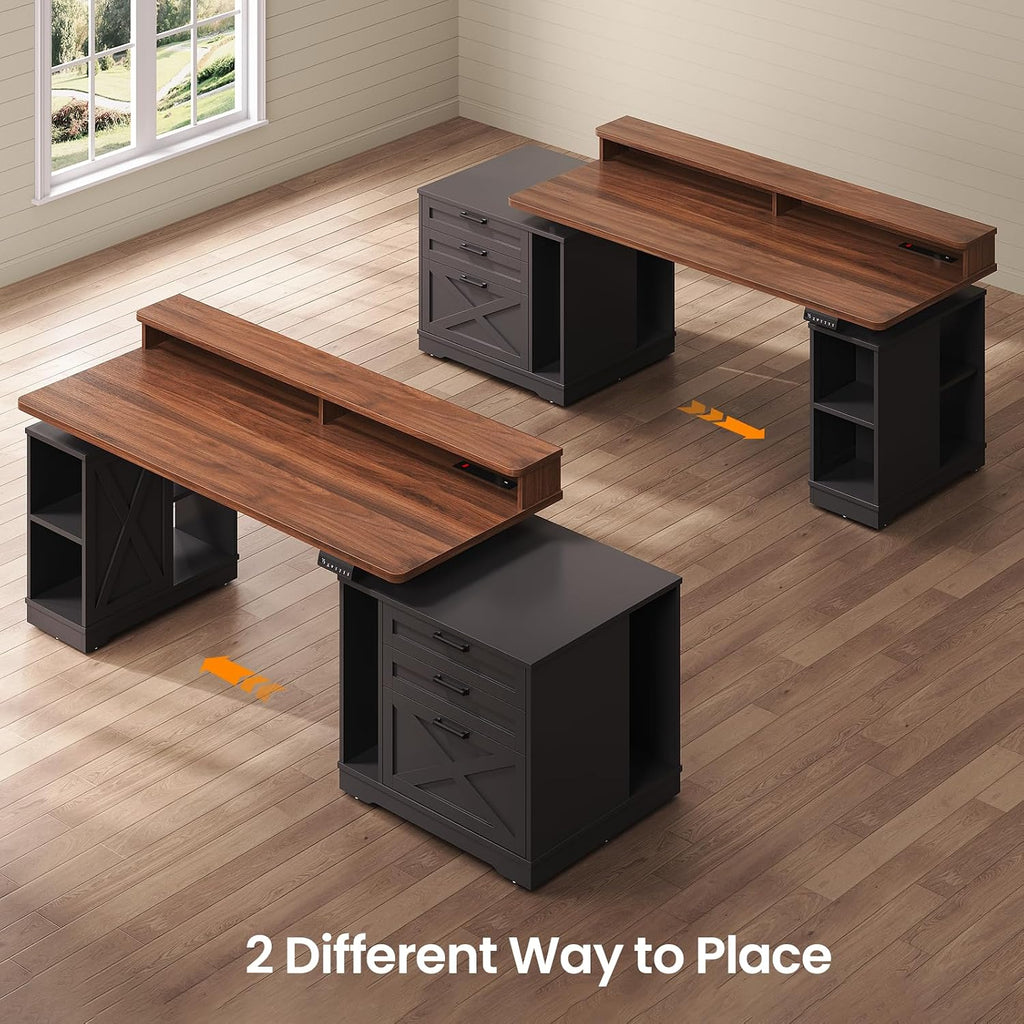 Farmhouse Electric Standing Desk with 3 Drawers and File Cabinet | 55" Height Adjustable Computer Desk with Storage