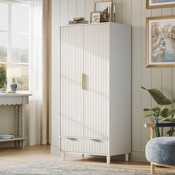Fluted Wardrobe Closet Armoire with Doors And Drawers, White Wardrobe Cabinet with Hanging Rack, Bedroom Closet Wood