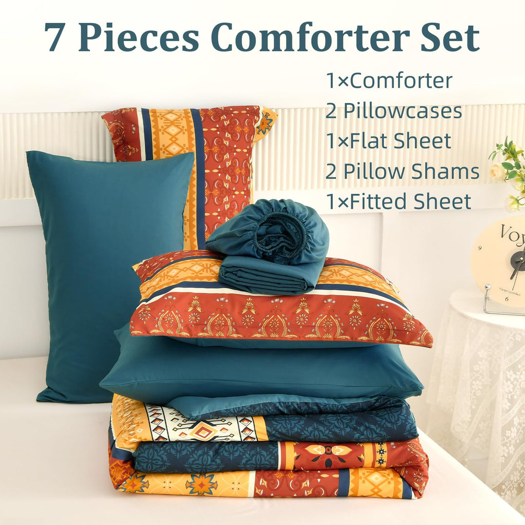 Boho Comforter Set Queen Size, Burnt Orange Fall Bedding