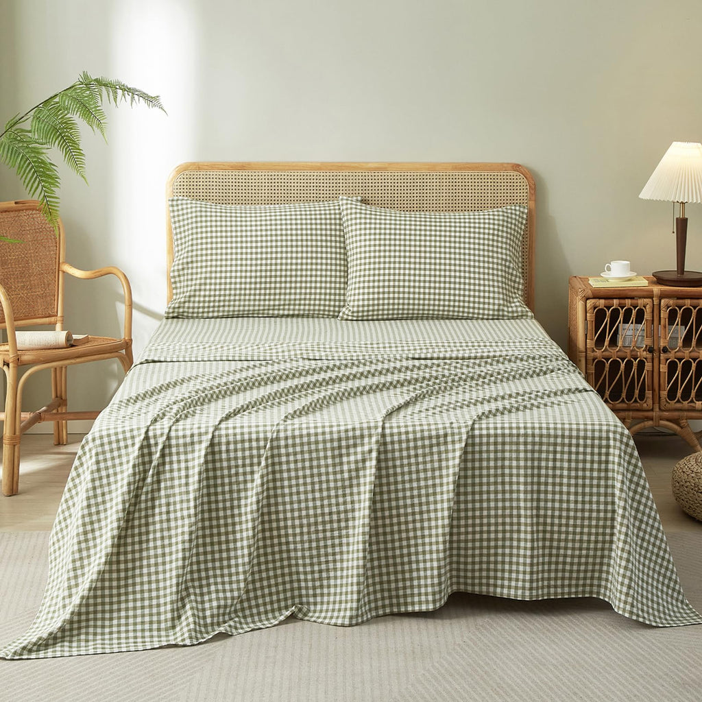 Gingham Queen Sheet Set, 100% Washed Cotton Linen Feel Sage Green Plaid Printed Sheet Sets Lightweight Soft Grid Bed