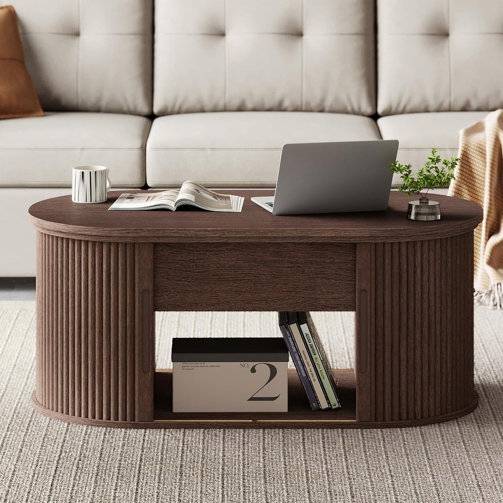 Lift Top Coffee Table, Oval Fluted Coffee Table with Storage