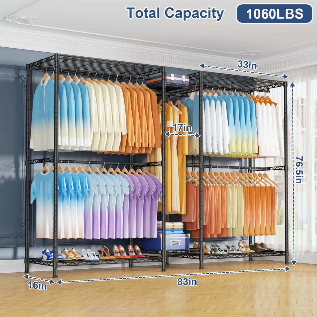 E12 Max Clothes Rack, Heavy Duty Freestanding Garment Rack with Shelves, Metal Clothing Closet Storage System for