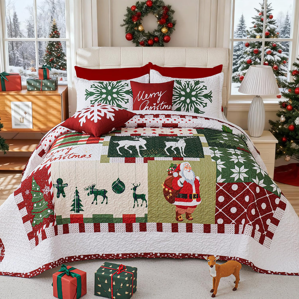 5 Piece Christmas Quilt Set Bedspread Set, Queen Size Christmas Santa Tree Elk Themed Bedding Set, Reversible Christmas