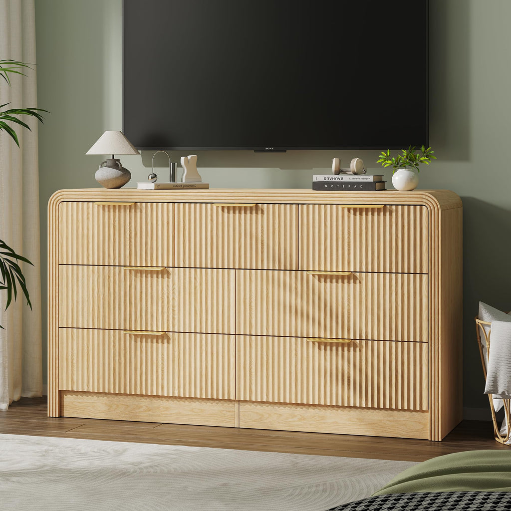 55" W Fluted 7-Drawer Dresser, Natural Oak