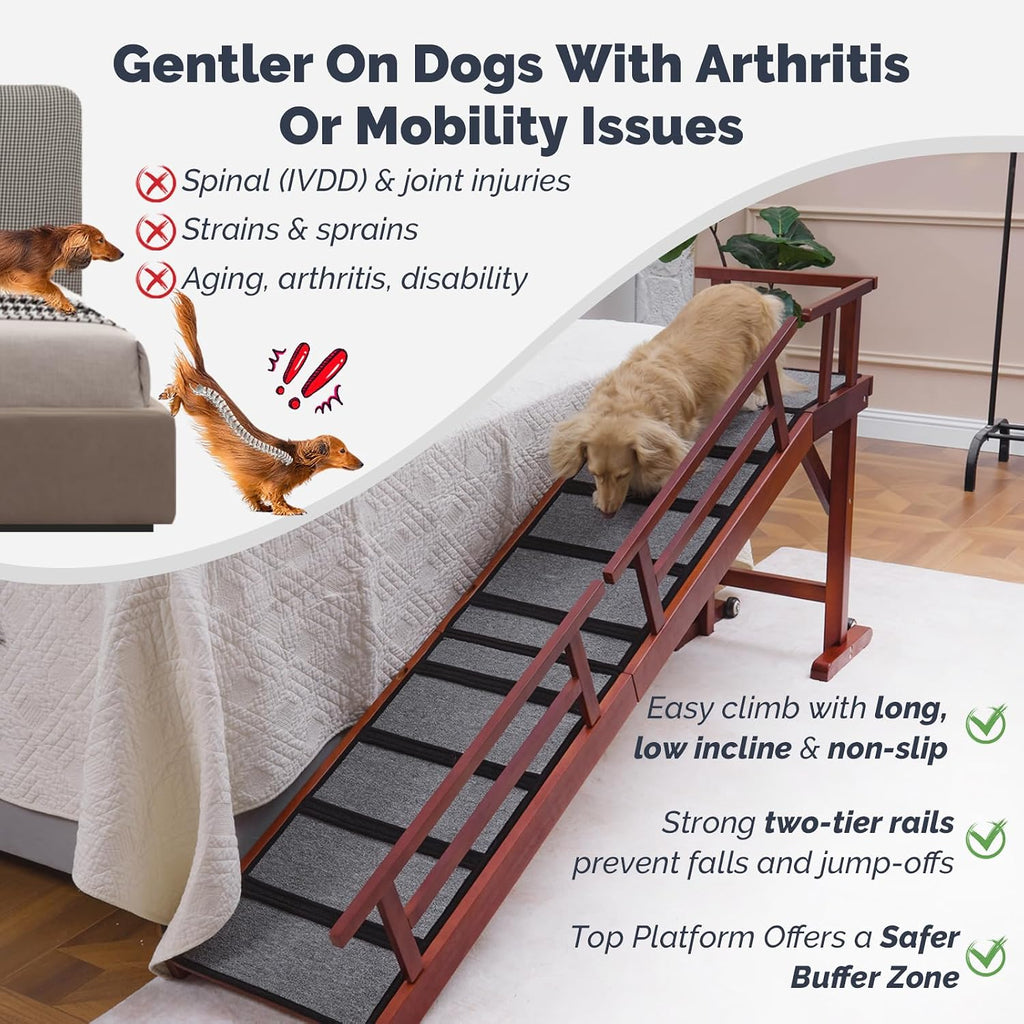 Dog Ramp for Bed or Couch, Wooden Pet Ramp with 20° Gentle Slope, Removable Side Rails, Non-Slip Surface, Top