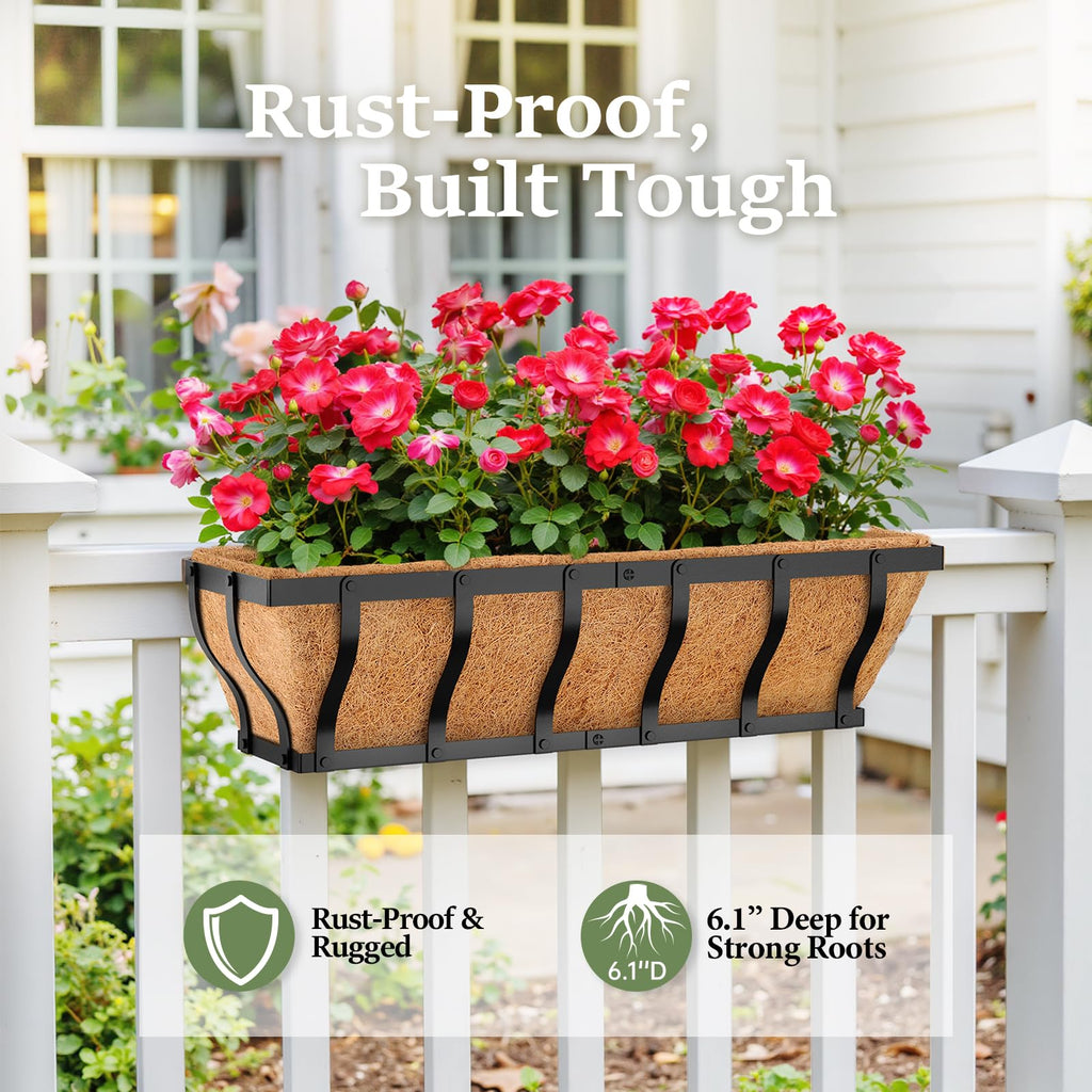 Railing Planter Boxes, Heavy Duty Window Box Planters, Adjustable Balcony Planters for Railing Hanging, with Coco