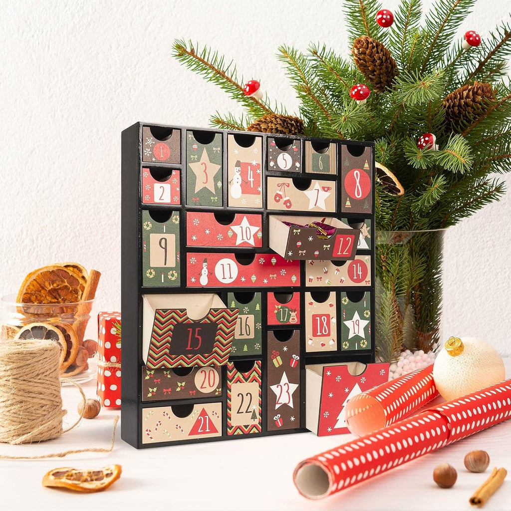 Wooden Advent Calendar to Fill, 14.6×12.6 Inch 24-Day Refillable Empty Christmas Countdown Calendar with Drawers