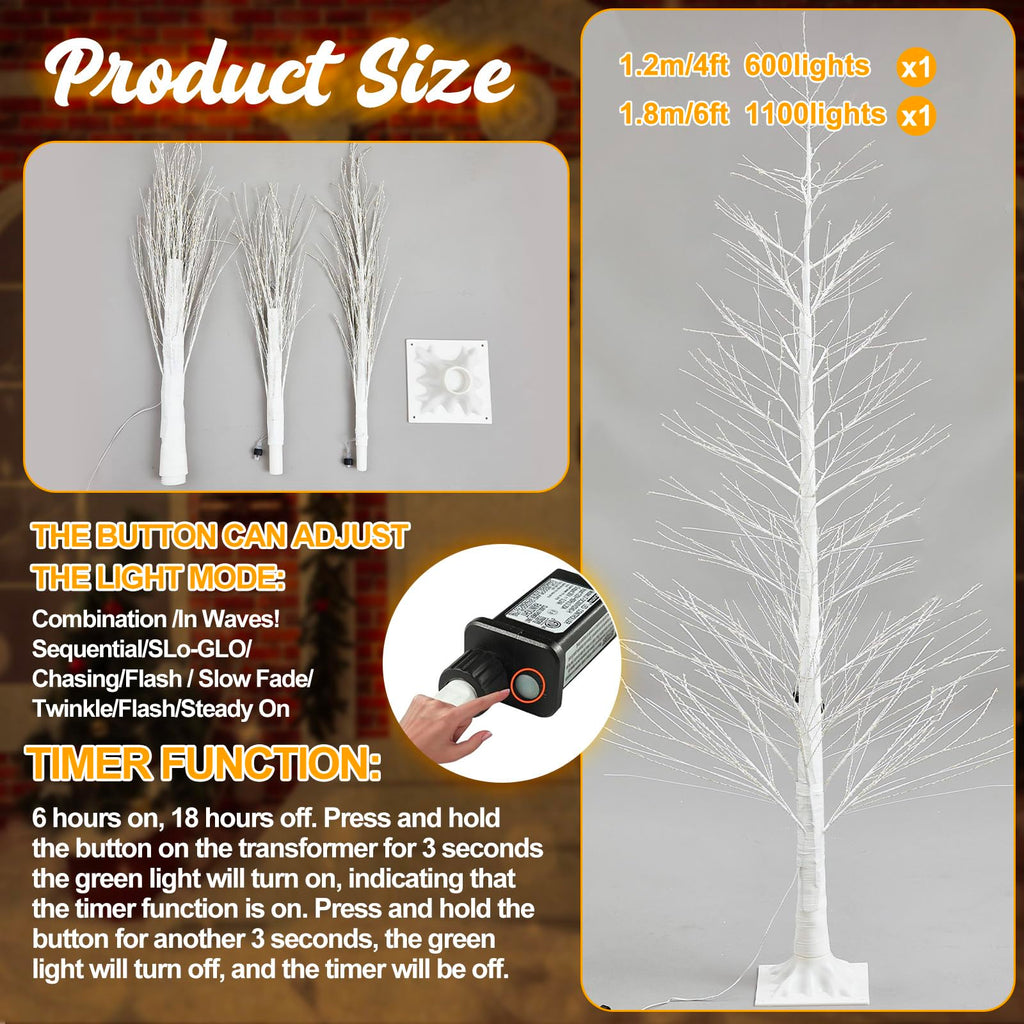 2 Pack 4ft/6ft-600led/1100led Christmas Lighted Birch Tree