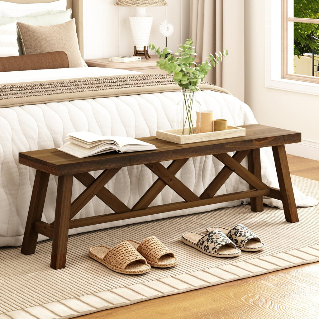 54" Farmhouse Solid Wood Bench, Rustic Entryway Bench, Natural