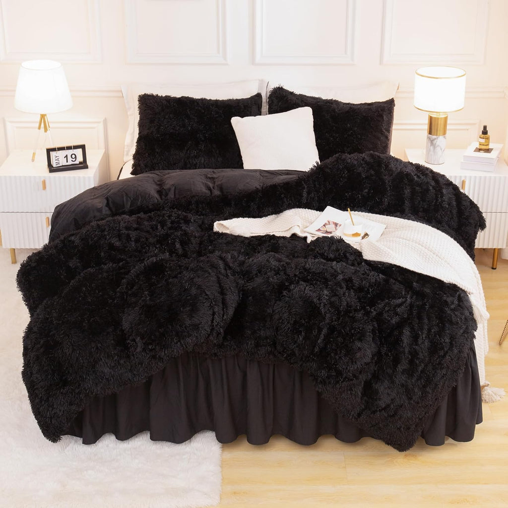 Queen Comforter Set Black, Fluffy Winter Faux Fur Warm Soft Plush Bedding Comforter Set (1 Velvet Comforter & 2