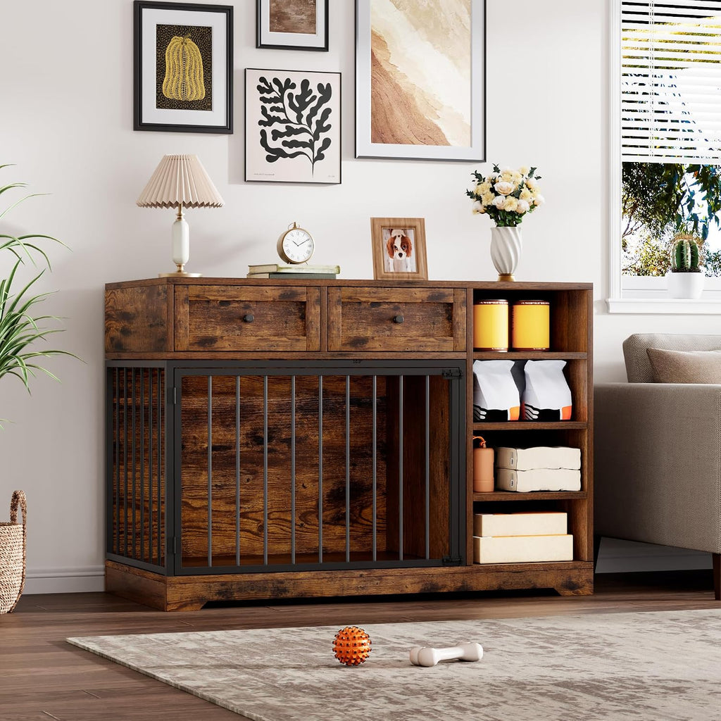 47.2" Dog Crate Furniture with 2 Drawers and 4 Shelves, Wood Dog Crate TV Stand, Large Dog Kennel Indoor for Small