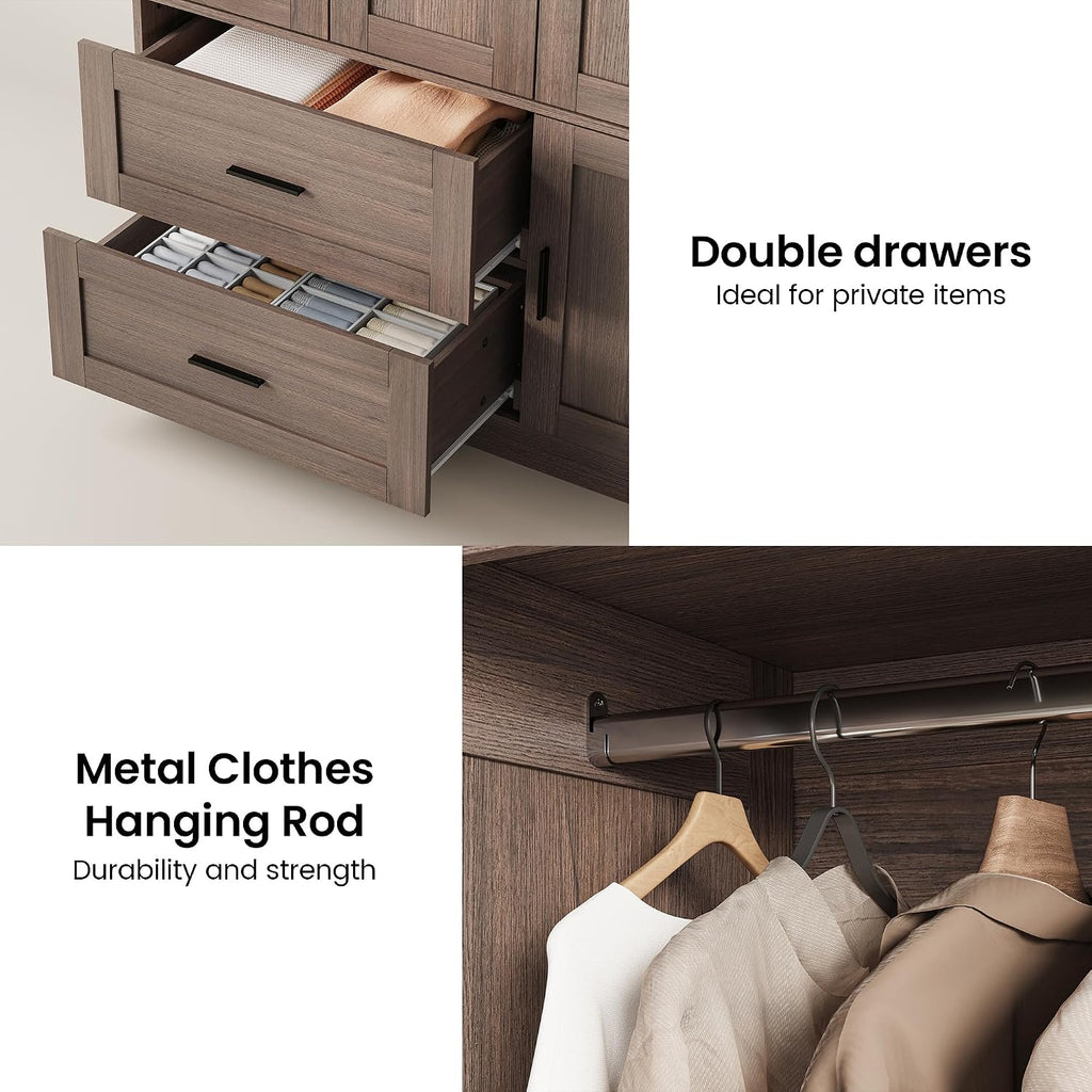 70.6 Inch Armoire Wardrobe Closet with Drawers (Dark Walnut) | Freestanding engineered wood armoire with a hanging