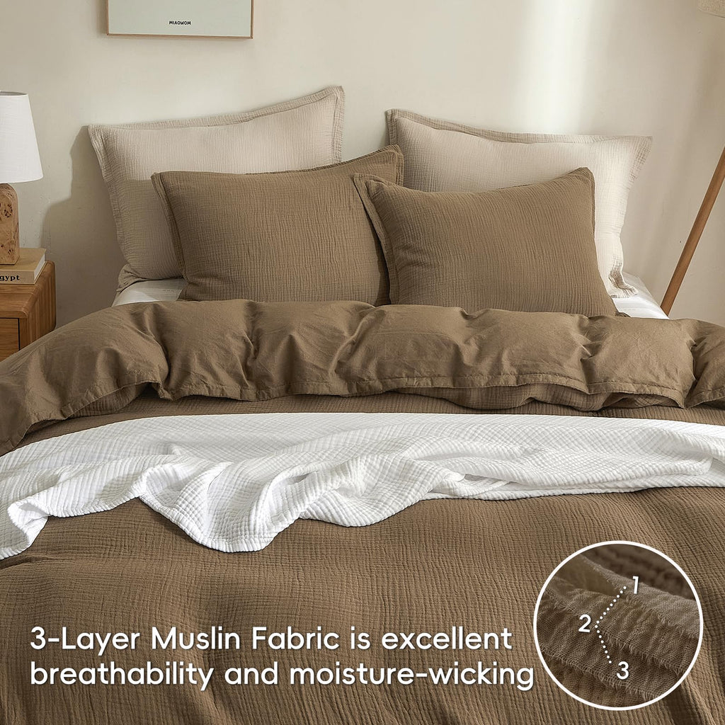 100% Cotton Muslin Duvet Cover King Size 3-Layer, 104"x90", Mocha