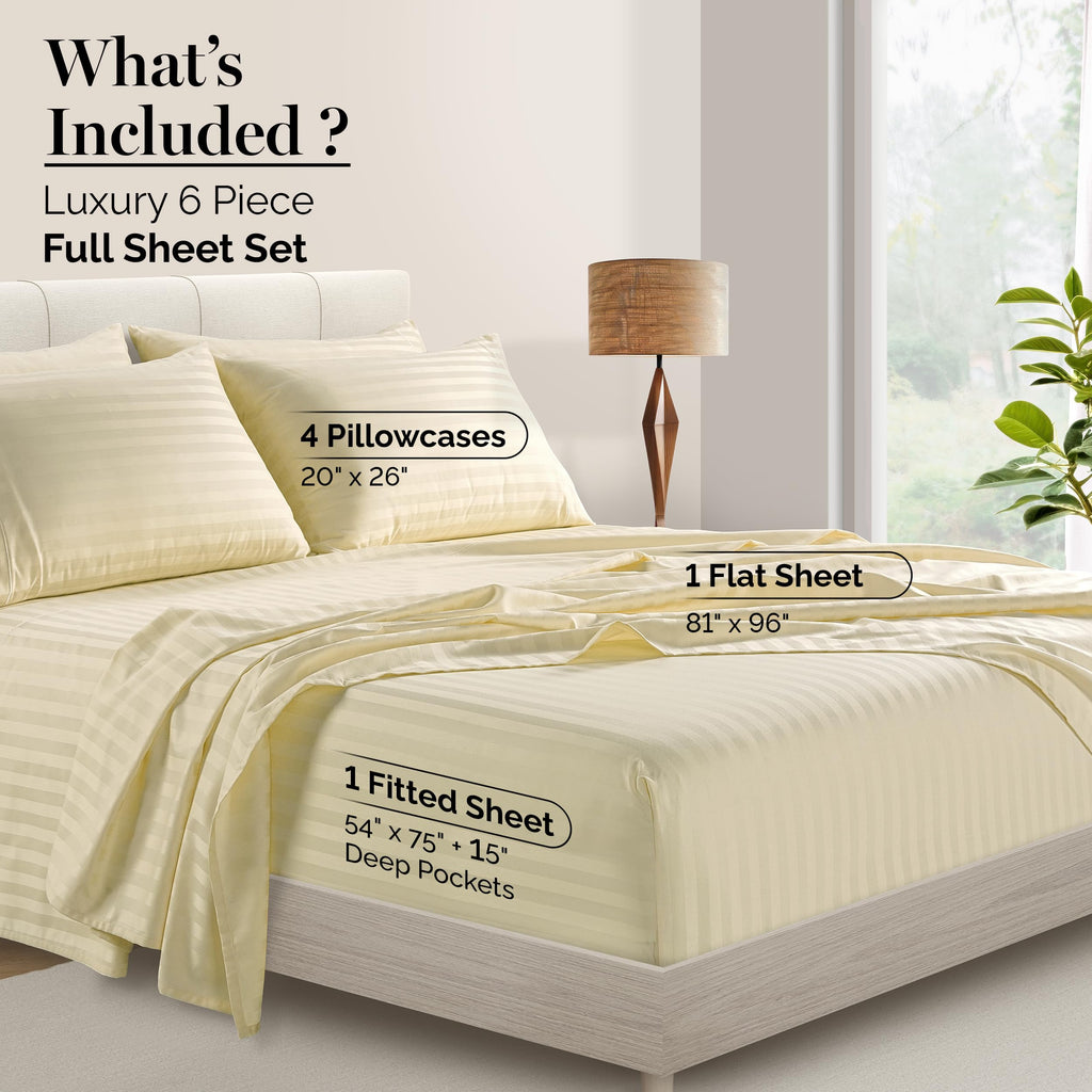 100% Egyptian Cotton Sheets Full Size Set - 6 Pieces - Damask Stripe- Ultra Smooth Sateen Weave Bed Sheets Set with