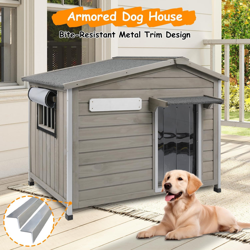 Large Outdoor Dog House for Small Medium Dogs, Weatherproof Wooden Kennel
