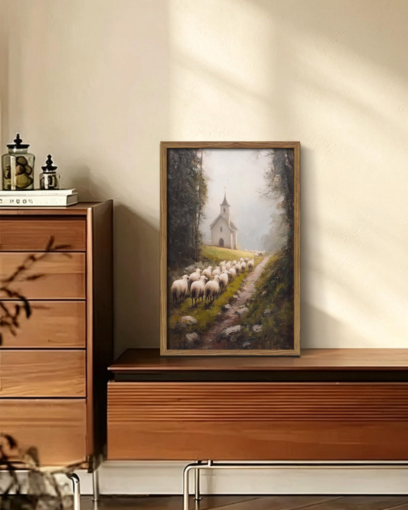 Framed Christian Sheep Wall Art, Vintage Country Church Landscape Wall Decor Painting Picture, Rustic Pastoral Lamb