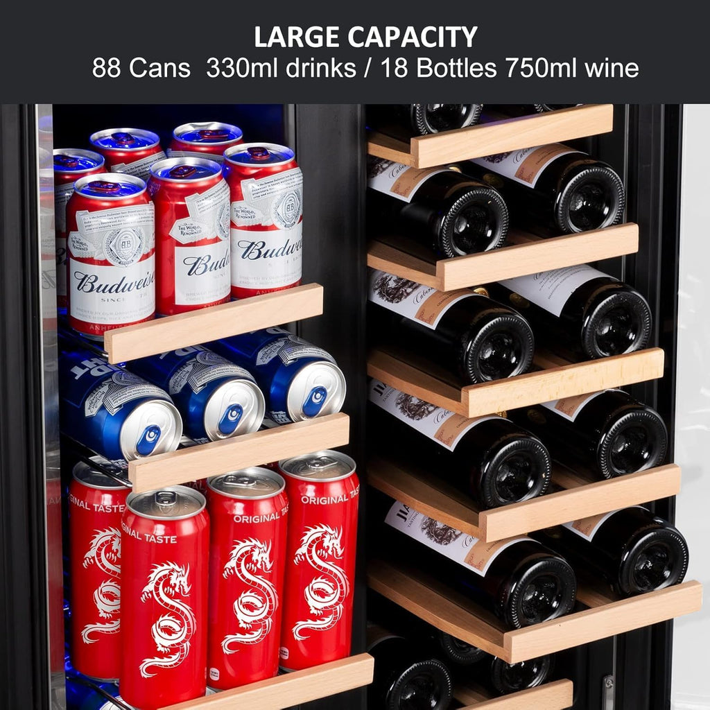 Wine and Beverage Refrigerator, 24 Inch Dual Zone Fridge with Glass Door, Built