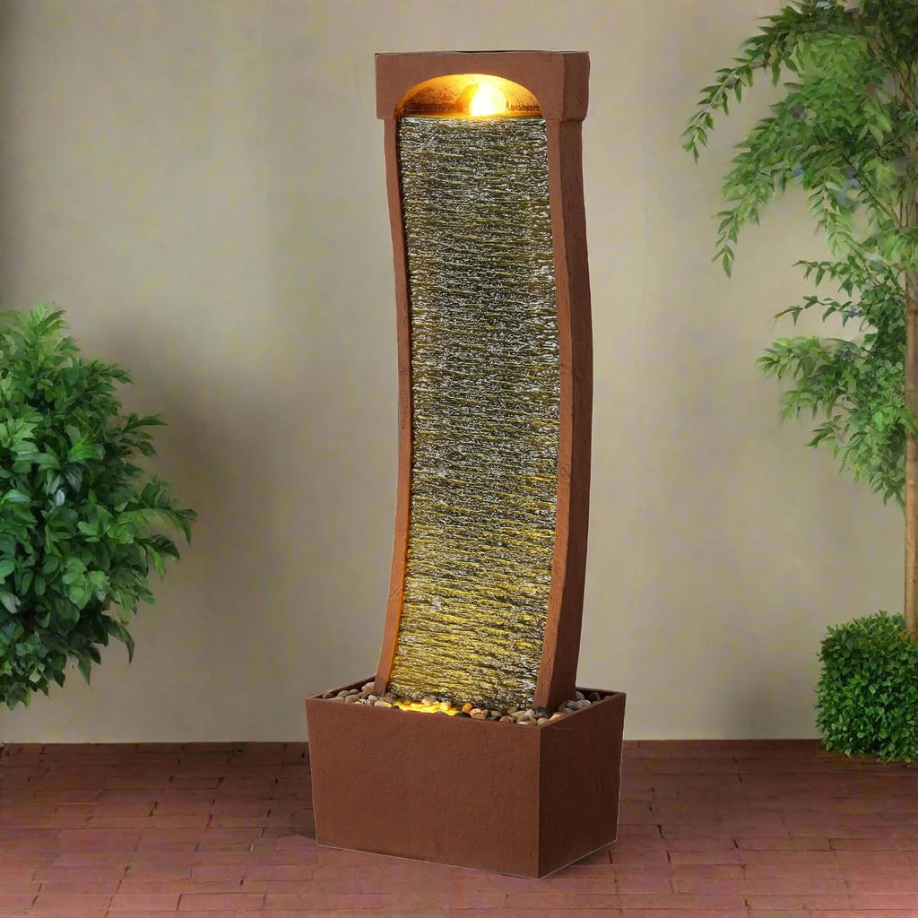 38.5" Modern Curved Faux Slate Waterfall Fountain with LED Lights, Red Rock