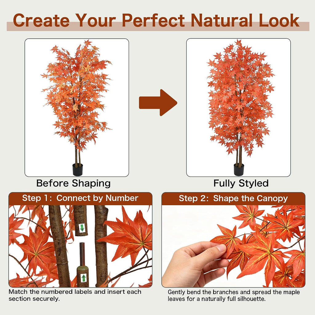 7FT Artificial Maple Trees, Tall Faux Autumn Tree Indoor with Lifelike Red Orange Leaves Realistic Fall Tree with Pot
