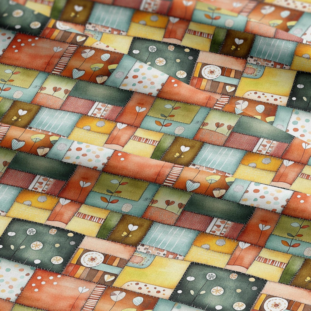 Patchwork Cotton Fabric Panel 61 x 36.6 Inches, Scandinavian Heart Pattern Quilt Style, Multicolor Rustic Design