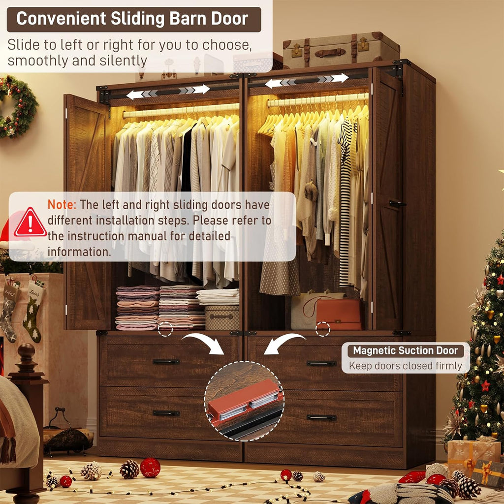Farmhouse 2 Doors Armoire Wardrobe Closet w/ Folding Sliding Barn Door and Lights, LED Armoire Closet w/Drawers