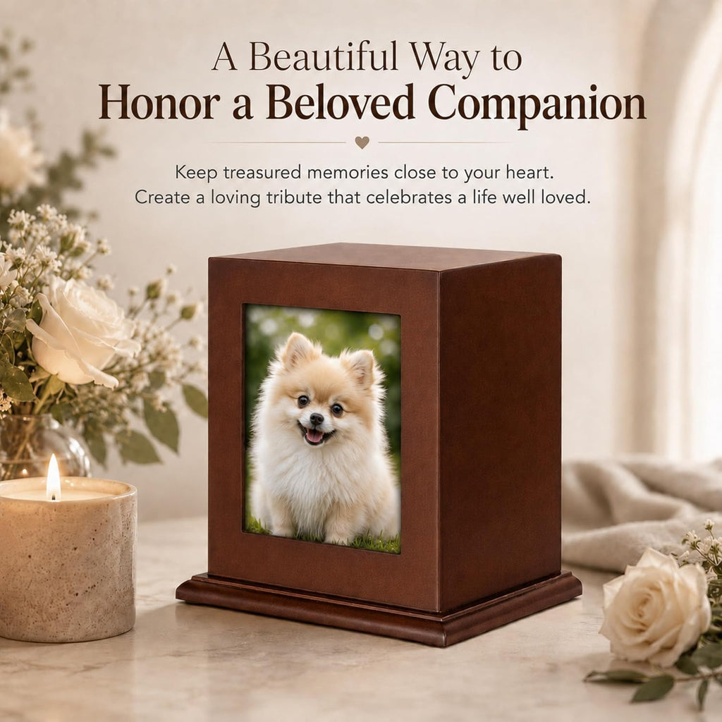 Dog Urn for Ashes - Wood Pet Cremation Box with Photo Frame, Cat Dog