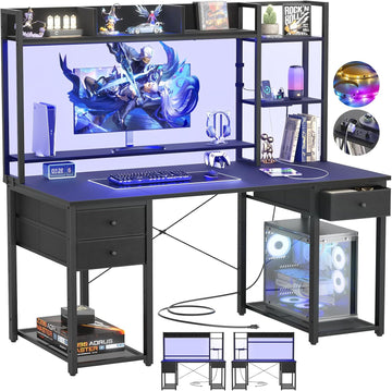 LED Gaming Desk with Hutch, 47.2'' Computer Workstation, Black