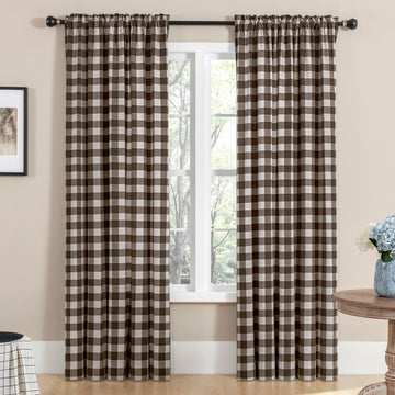 Buffalo Check Plaid Curtains Farmhouse Gingham Style Cotton Texture Rod Pocket Semi Curtain Drapes, Brown, 52 x 96