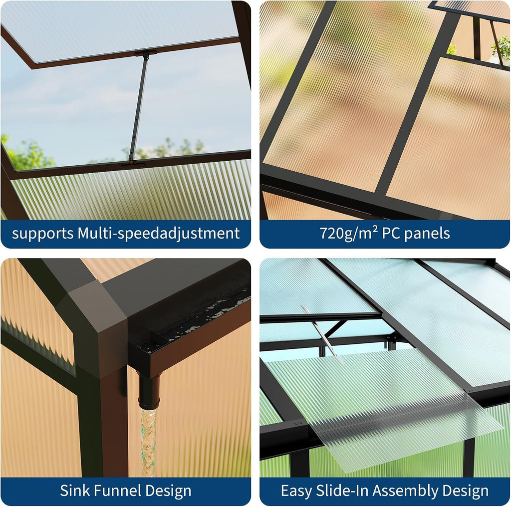 6x10 FT Greenhouse, Easy Assembly Aluminum Polycarbonate Greenhouses for Outdoors with Roof Vent, Large Aluminum
