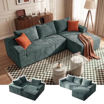 95" Boneless Couch, L-Shape Sectional with Right Chaise, Green