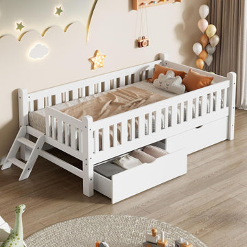 Kids Montessori Floor Bed with Storage Drawers, White