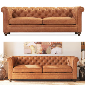 Lyon 87.4" Leather Sofa in Cognac Tan - Full-Grain Pure-Aniline Italian Leather, Deep Button Tufting, Rolled Arms and