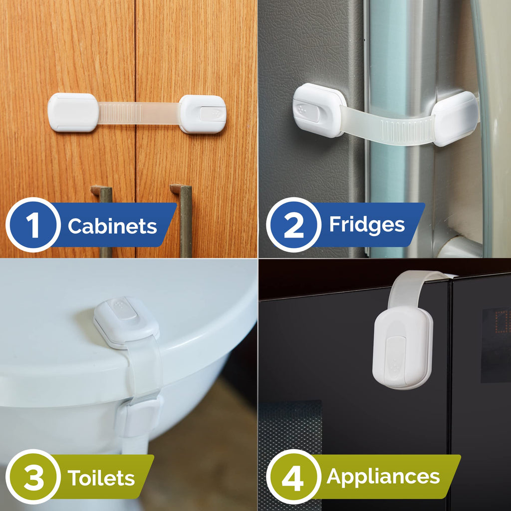 Child Safety Strap Locks (10 Pack) Baby Locks for Cabinets and Drawers, Toilet, Fridge & More. 3M Adhesive Pads. Easy