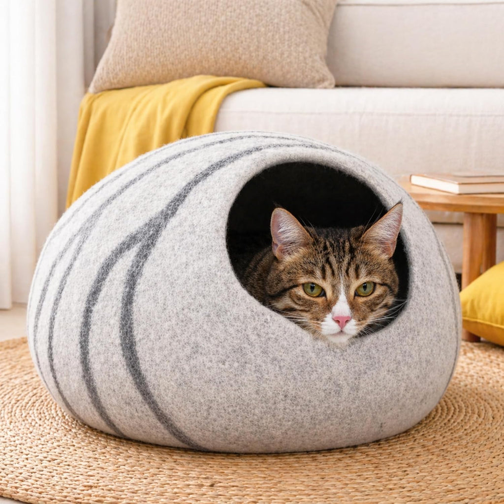Cat Cave - Premium Felt Cat Bed for Indoor Cats, Handmade Merino Wool (Light Grey, Medium)
