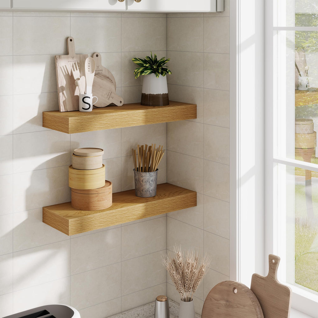 Floating Shelves Bathroom for Wall Mounted Shelves, 20 Inch Wood Shelf Set of 2, Home Storage & Display Decor, Oak