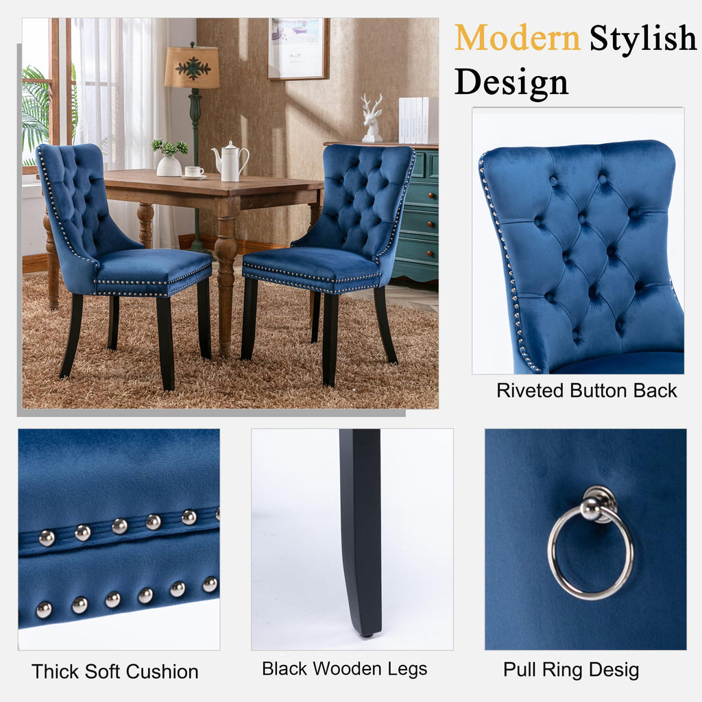 Round Extendable Dining Table Set for 6, 43"-59" Walnut Expandable Kitchen Table with 6 Blue Velvet Tufted Chairs