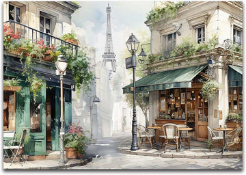 Romantic Paris Cafe Scene Canvas Wall, European Street View with Eiffel Tower, Cozy French Coffee Shop Decor, Ready