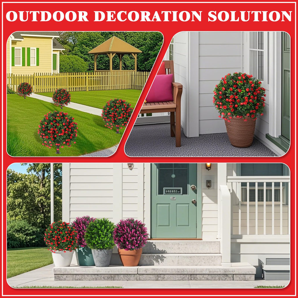 Set of 2 Artificial Boxwood Topiary Trees with Rose for Outdoor