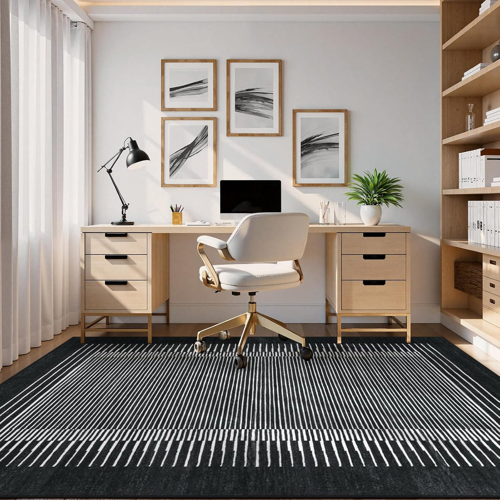 Washable Striped Washable Area Rug, Non-Slip Black Berber Stripe Rugs, Low Pile Minimalist Floor Carpet Rugs