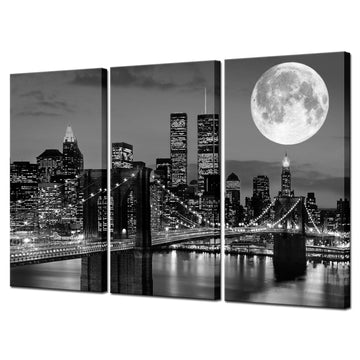 York Skyline Wall Brooklyn Bridge Moon Night View Picture Canvas Print Black and White City Artwork Painting