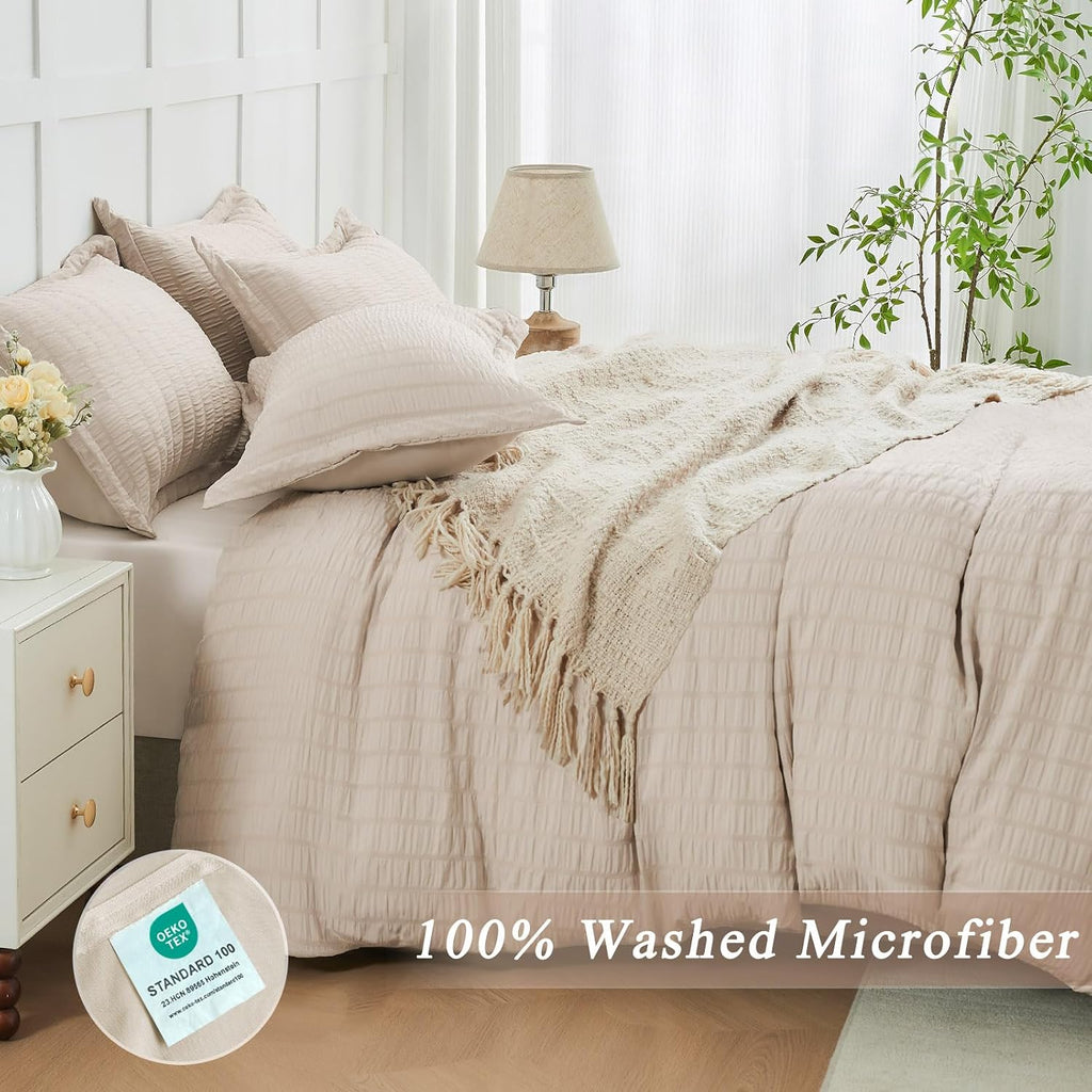 Beige Duvet Cover Queen, Super Soft Seersucker Queen Duvet Cover Set, 3-Piece Lightweight Duvet Cover with Zipper